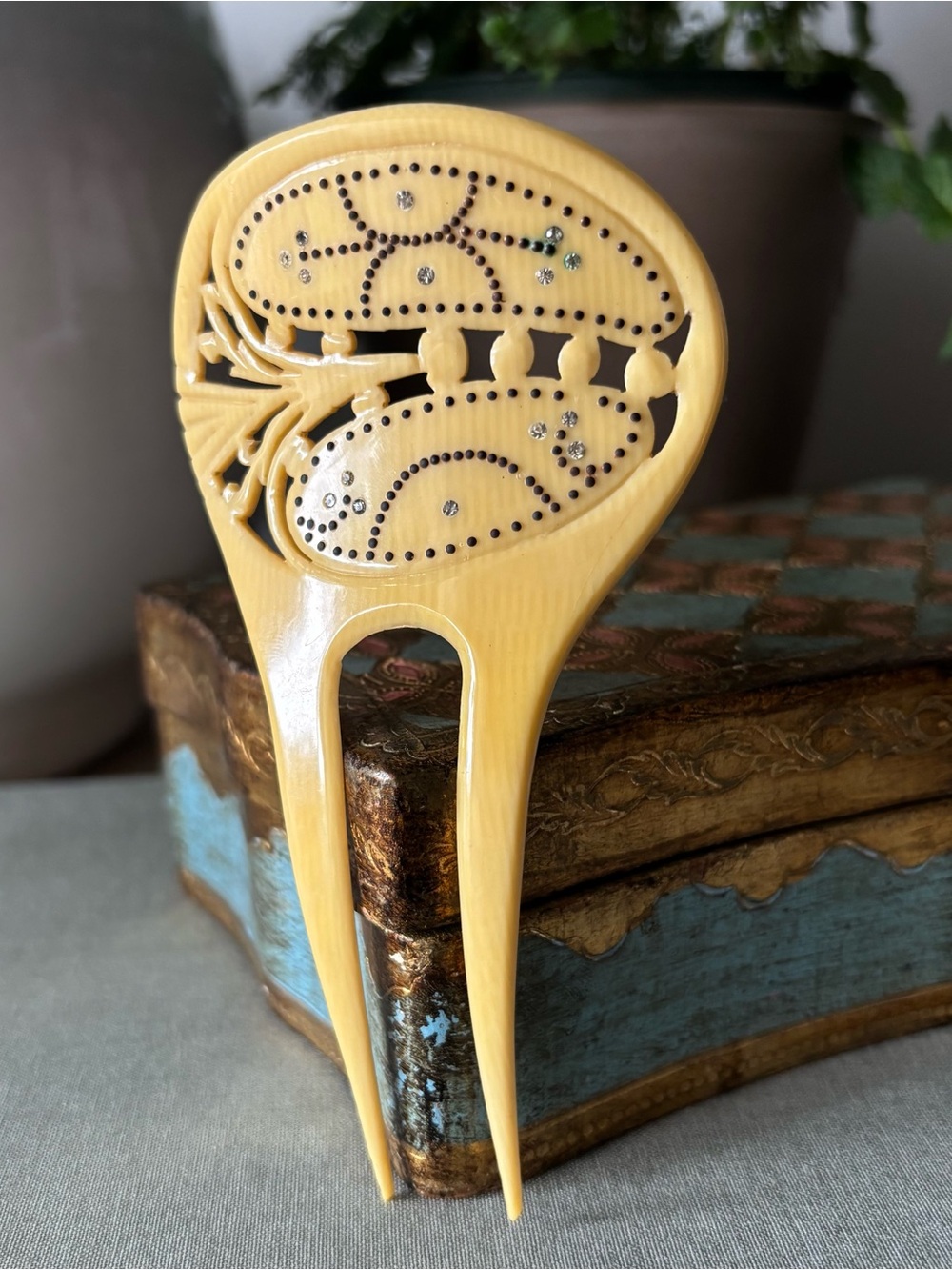 Antique Art Deco Celluloid Ivorine with Rhinestones Hair Fork